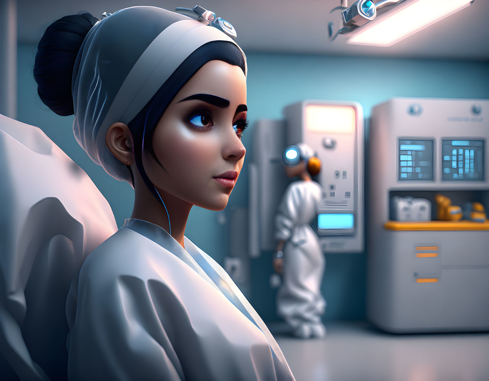 Female in futuristic operating room with medical scrubs and head cap.