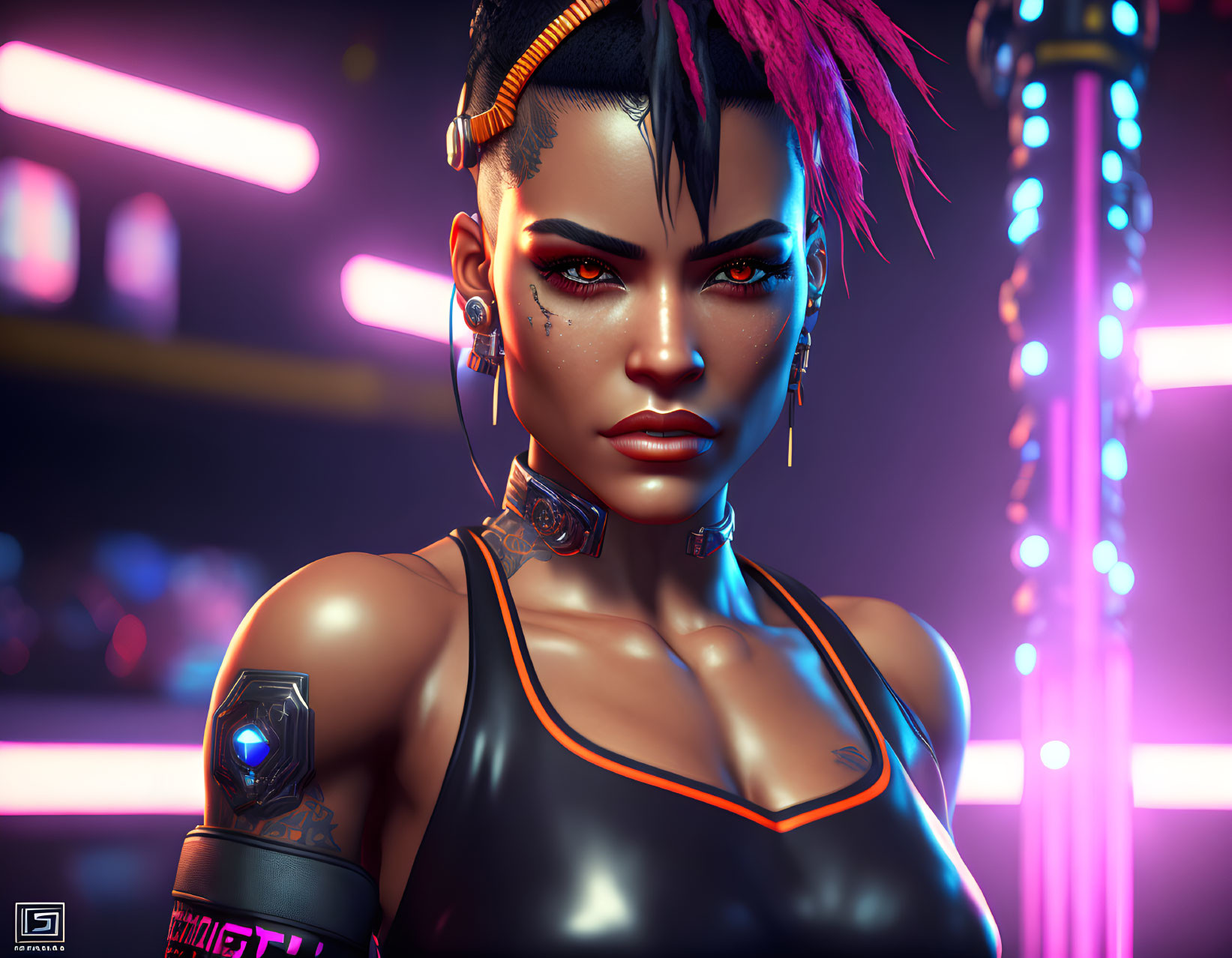 Digital artwork of woman with cyberpunk aesthetic, pink hair, tattoos, futuristic accessories on neon backdrop