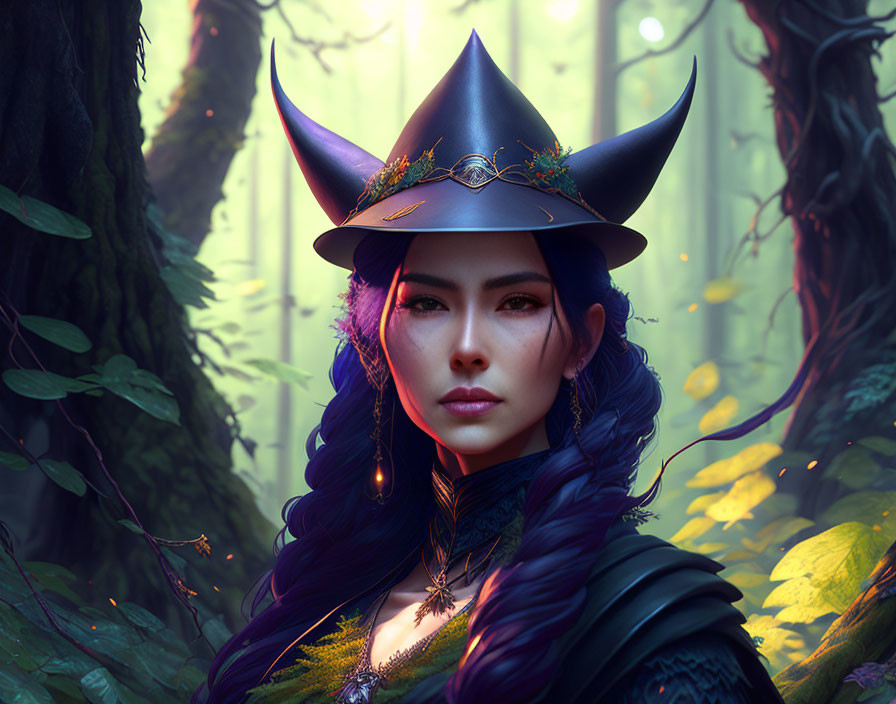 Mystical woman with pointed hat in enchanted forest