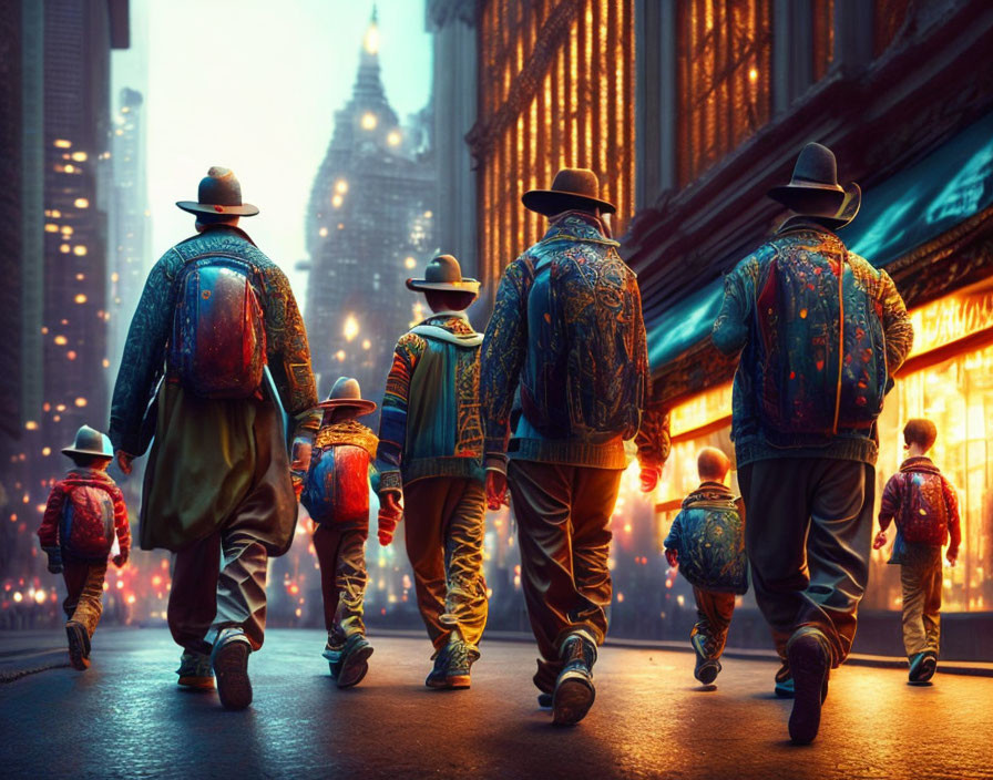 Group of cowboys and children in western attire walking at dusk