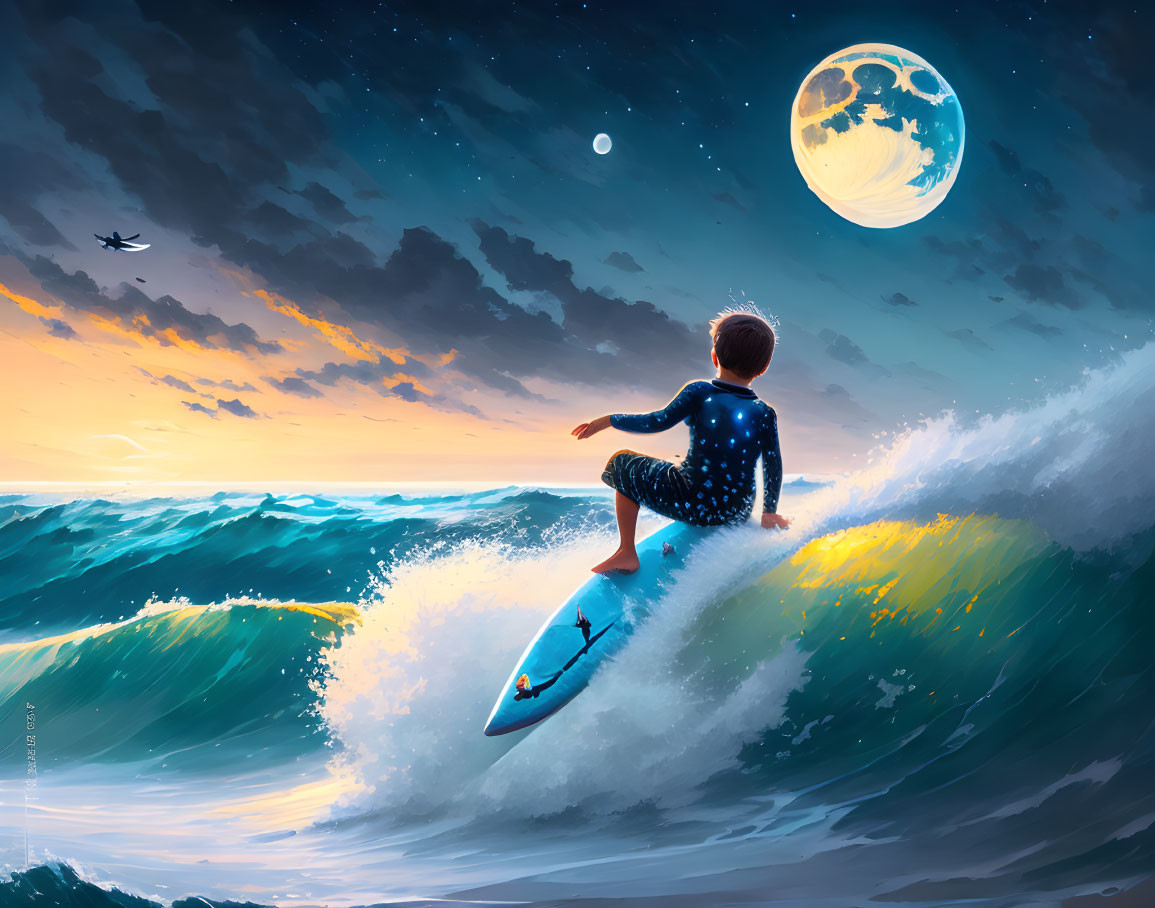 Child surfing glowing wave under starry night sky with moon and plane in distance