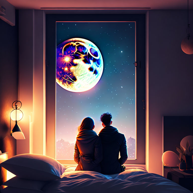 Romantic couple embracing under vibrant moonlight from bedroom window