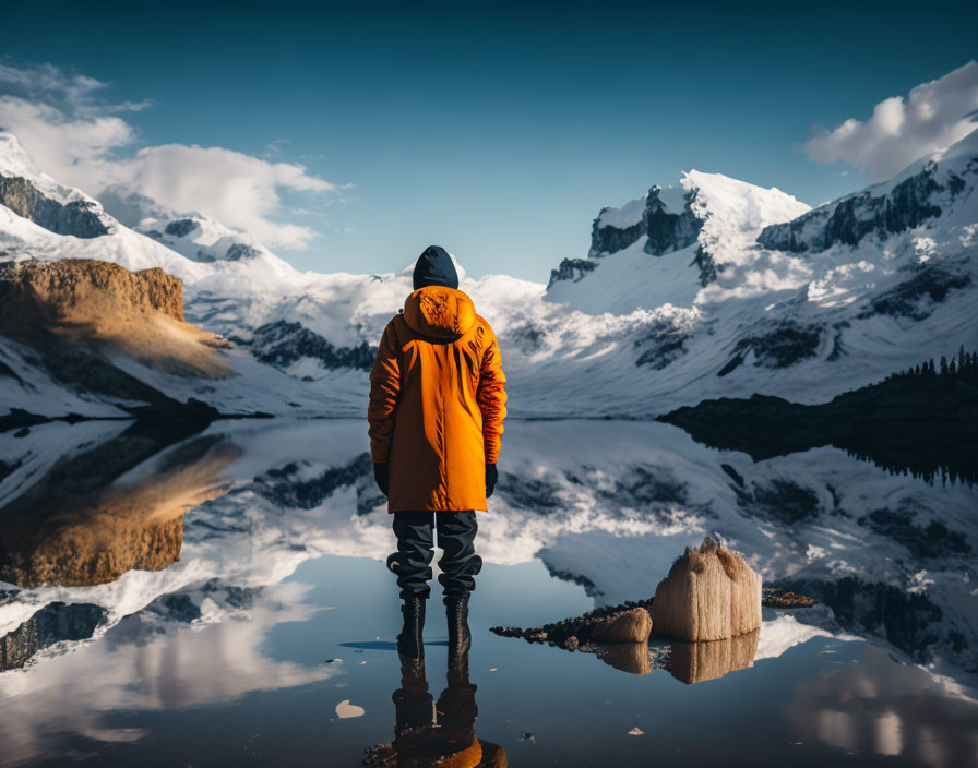 Person in Orange Jacket Contemplating Mountain Landscape