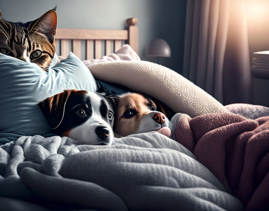 Cat watching dogs snuggle under blanket on cozy bed