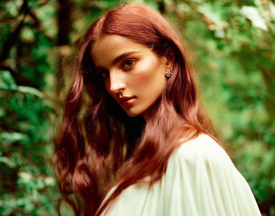 Auburn-Haired Woman in Light Blouse Surrounded by Green Foliage