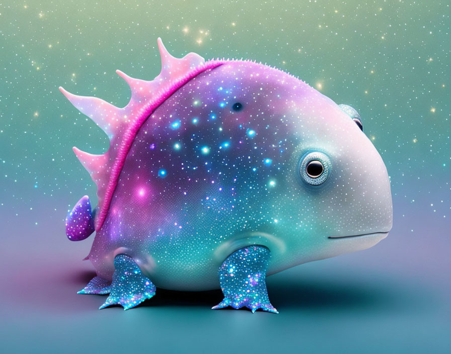 Colorful chubby fish creature with galaxy pattern and sparkling fins