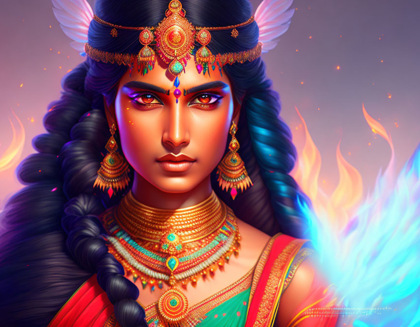Detailed illustration of woman in traditional attire with intricate gold and gemstone jewelry against fiery backdrop