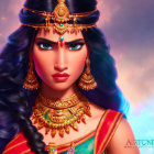 Detailed illustration of woman in traditional attire with intricate gold and gemstone jewelry against fiery backdrop