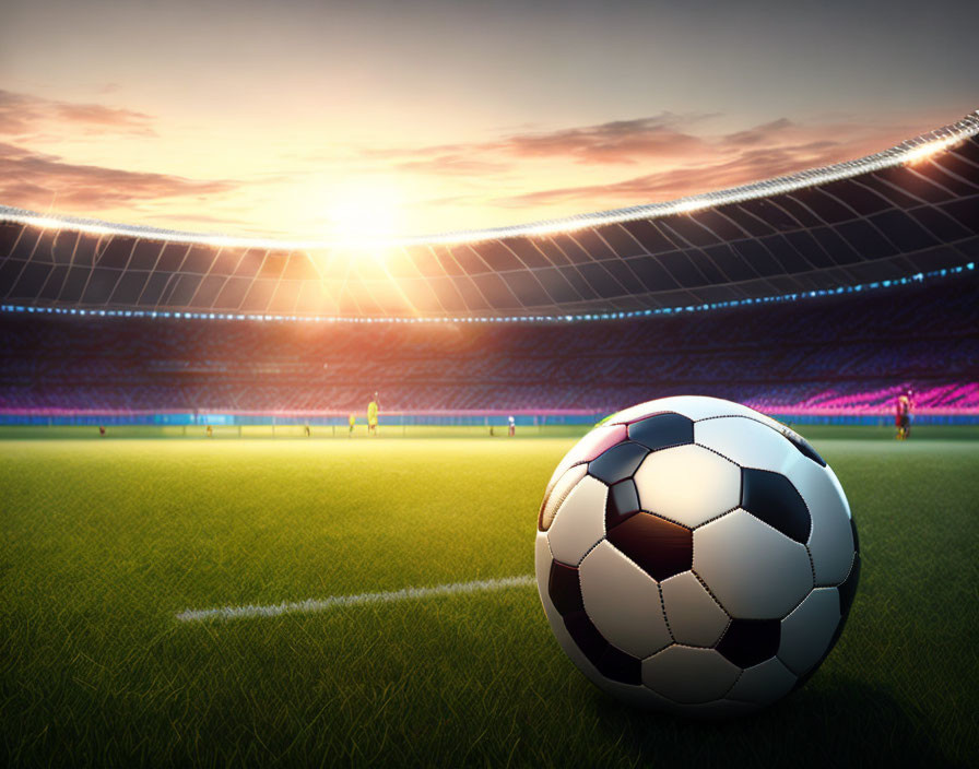 Soccer ball on vibrant field under stadium lights