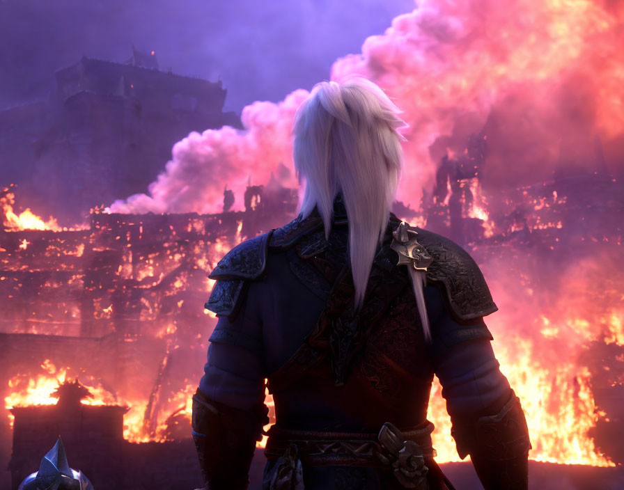 White-Haired Character in Blue Armor Observing Burning Castle in Pink Sky