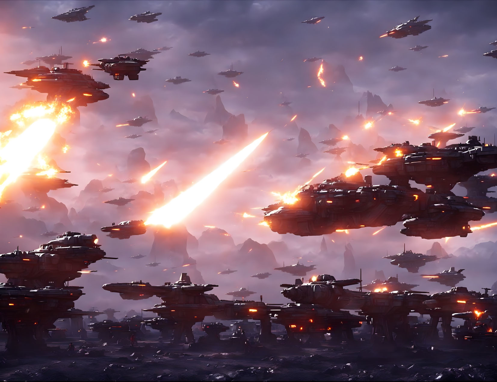 Futuristic warships battle in cloudy sky