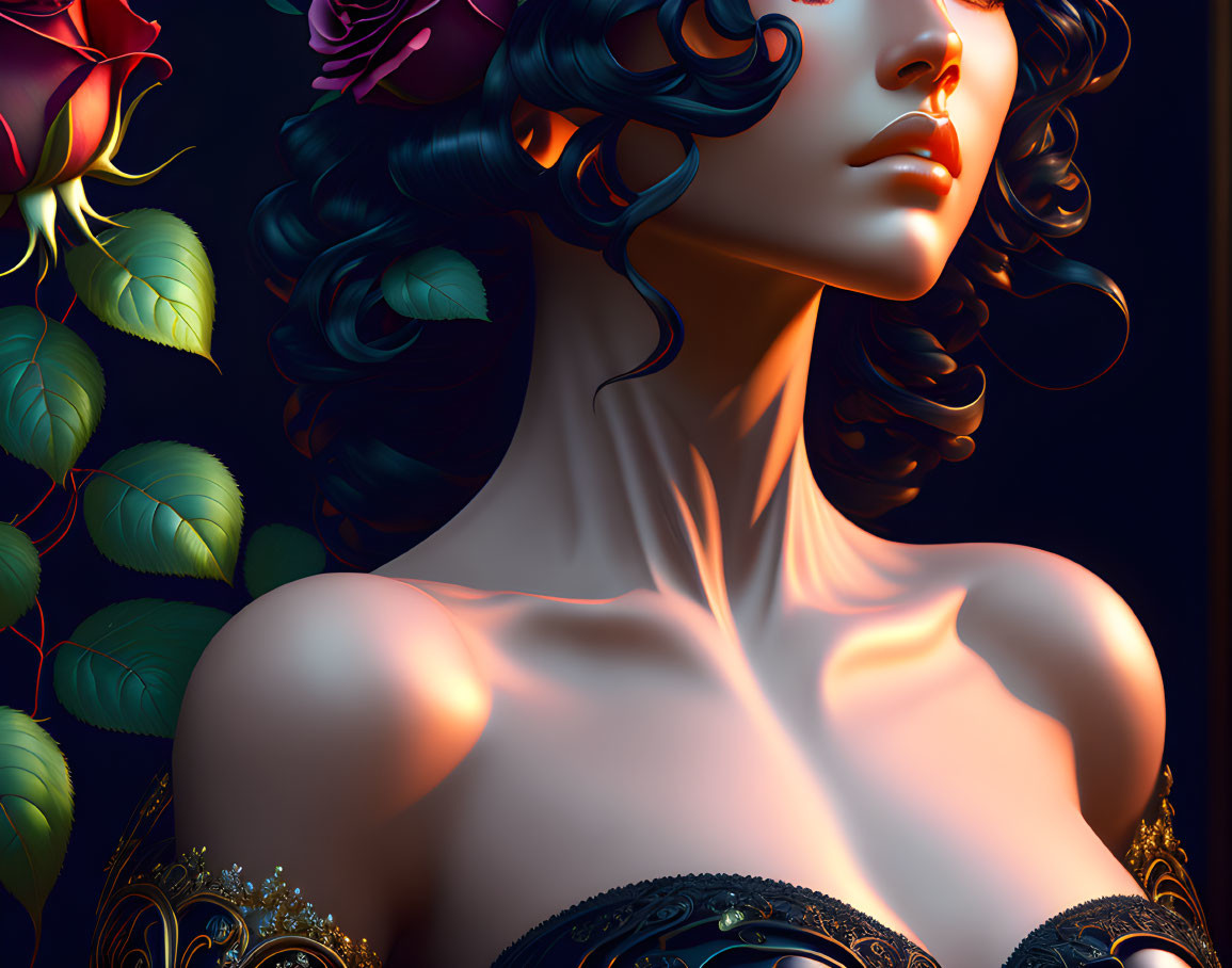 Detailed digital artwork of woman with dark curls and rose accents.