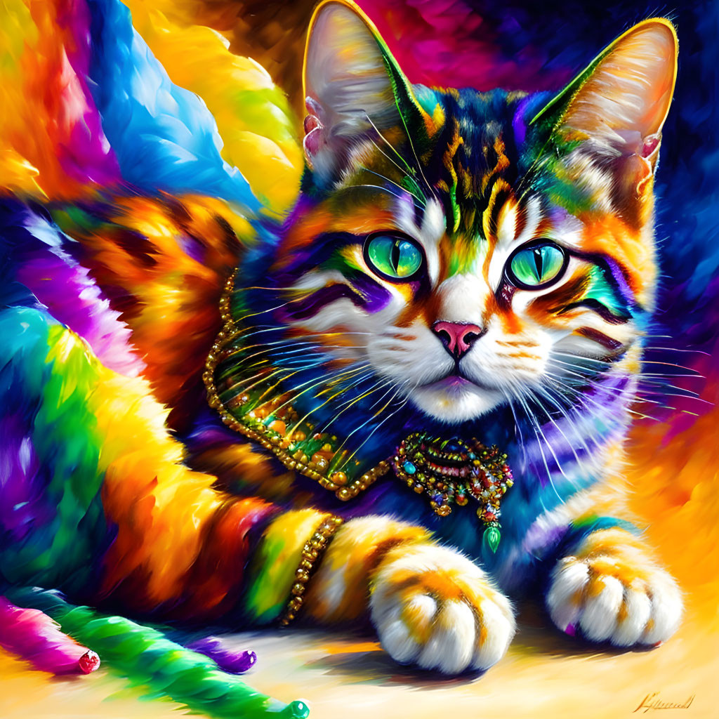 Colorful Painting of Adorned Cat with Green Eyes in Abstract Surroundings