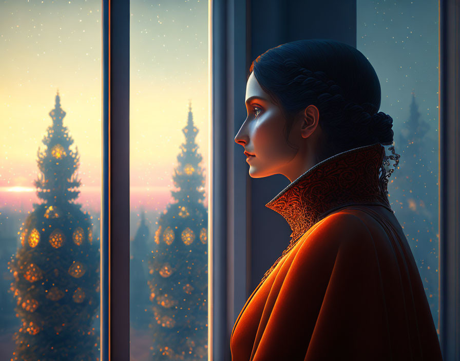 Woman in orange cloak gazes at snowy pine landscape at sunrise or sunset