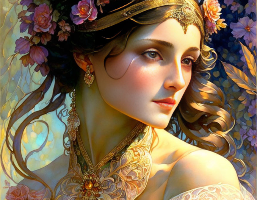 Fantasy portrait of a woman with elaborate jewelry and floral adornments