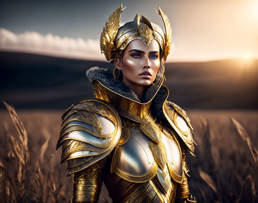 Golden-armored woman exudes elegance and strength in field at sunset