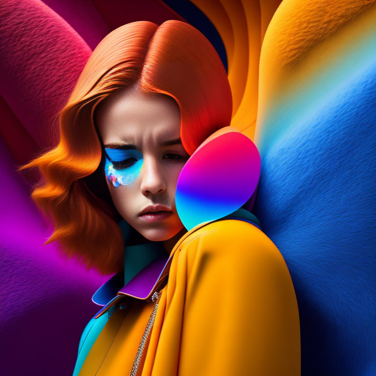 Vibrant orange hair woman with blue tears in colorful fabric folds