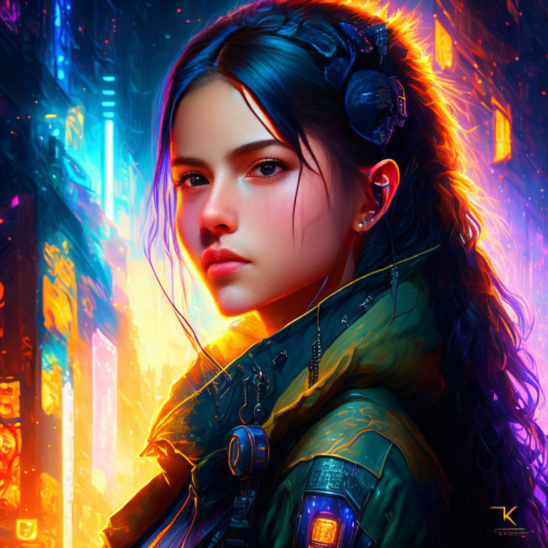 Digital Artwork: Young Woman with Dark Hair in Neon-lit Futuristic City Scene