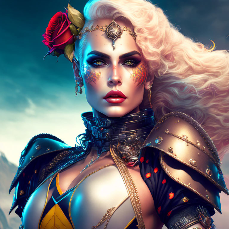 Fantasy warrior woman with golden armor and rose in hair on blue sky background