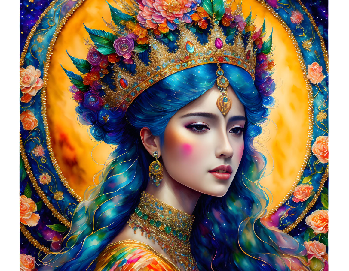 Vivid blue hair woman with golden floral crown in ornate halo