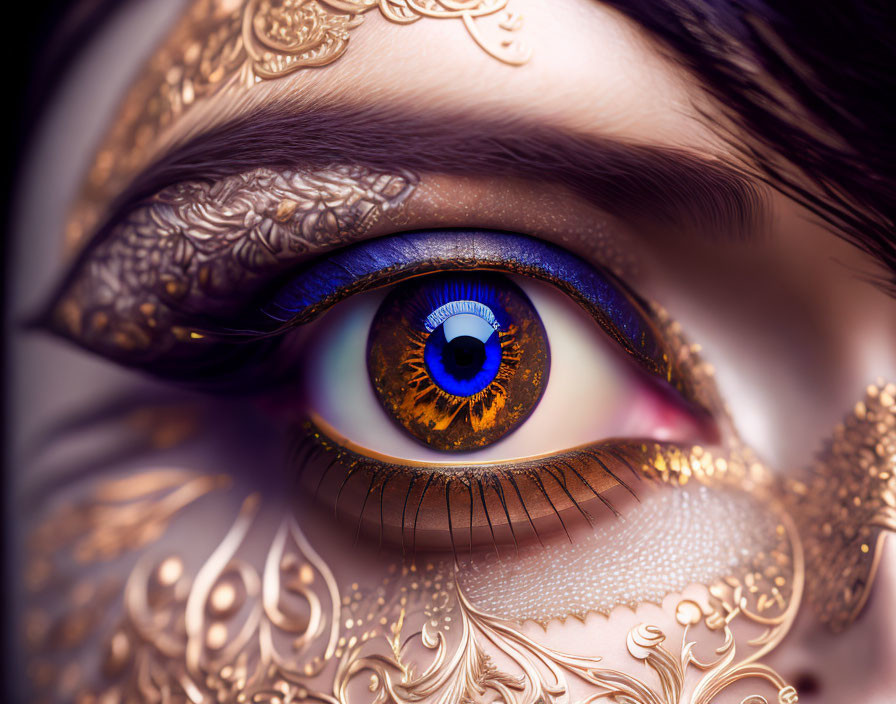 Detailed Golden Makeup on Blue Iris Eye