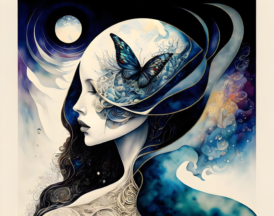 Surreal woman profile with butterfly, abstract blue and white motifs