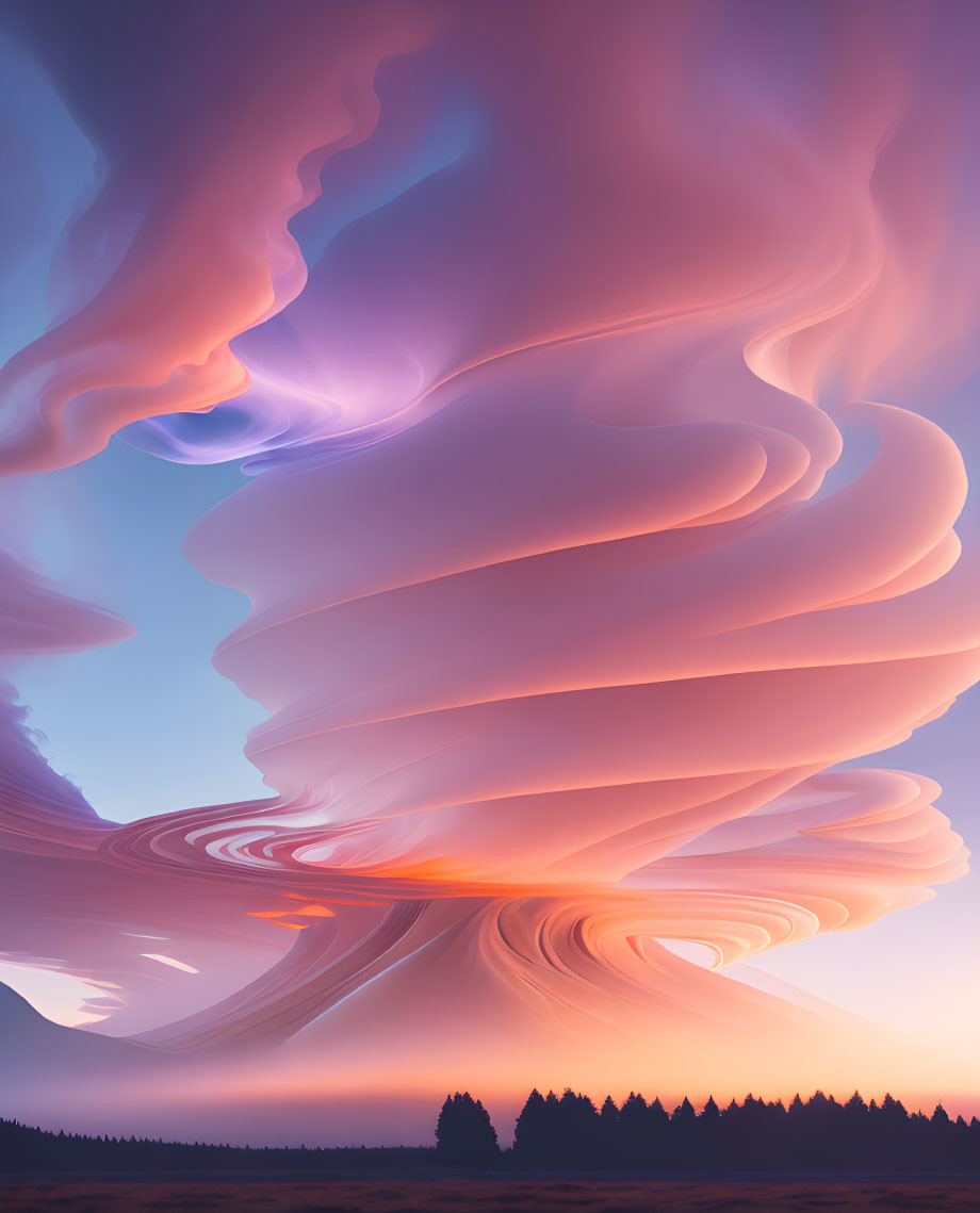 Surreal digital artwork: Twisted cloud above pine forest at dusk