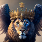 Regal lion with blue wings and crown on neutral backdrop