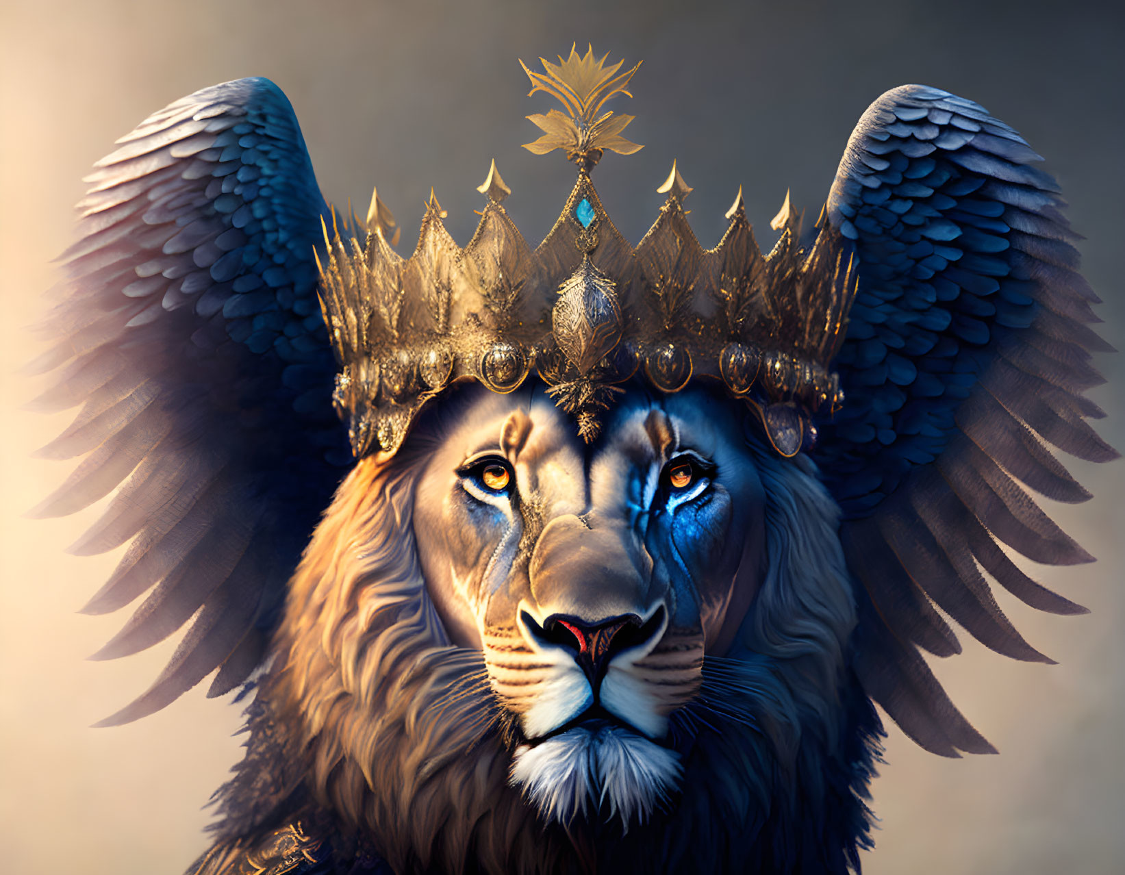 Regal lion with blue wings and crown on neutral backdrop