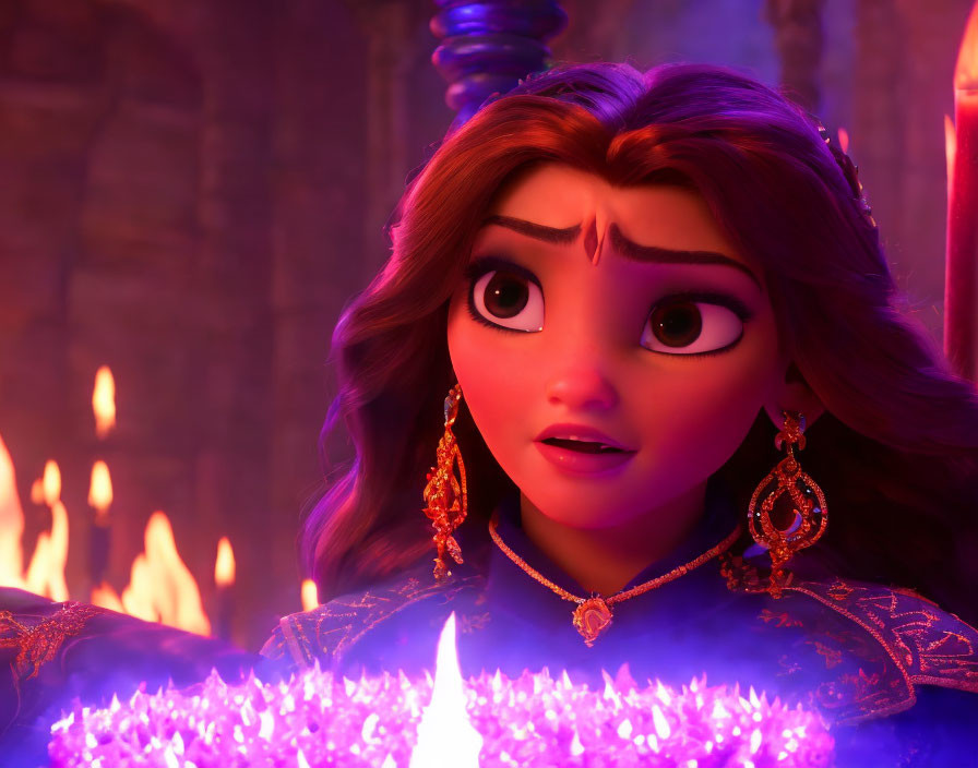 Animated female character in ornate jewelry gazes at glowing purple flame