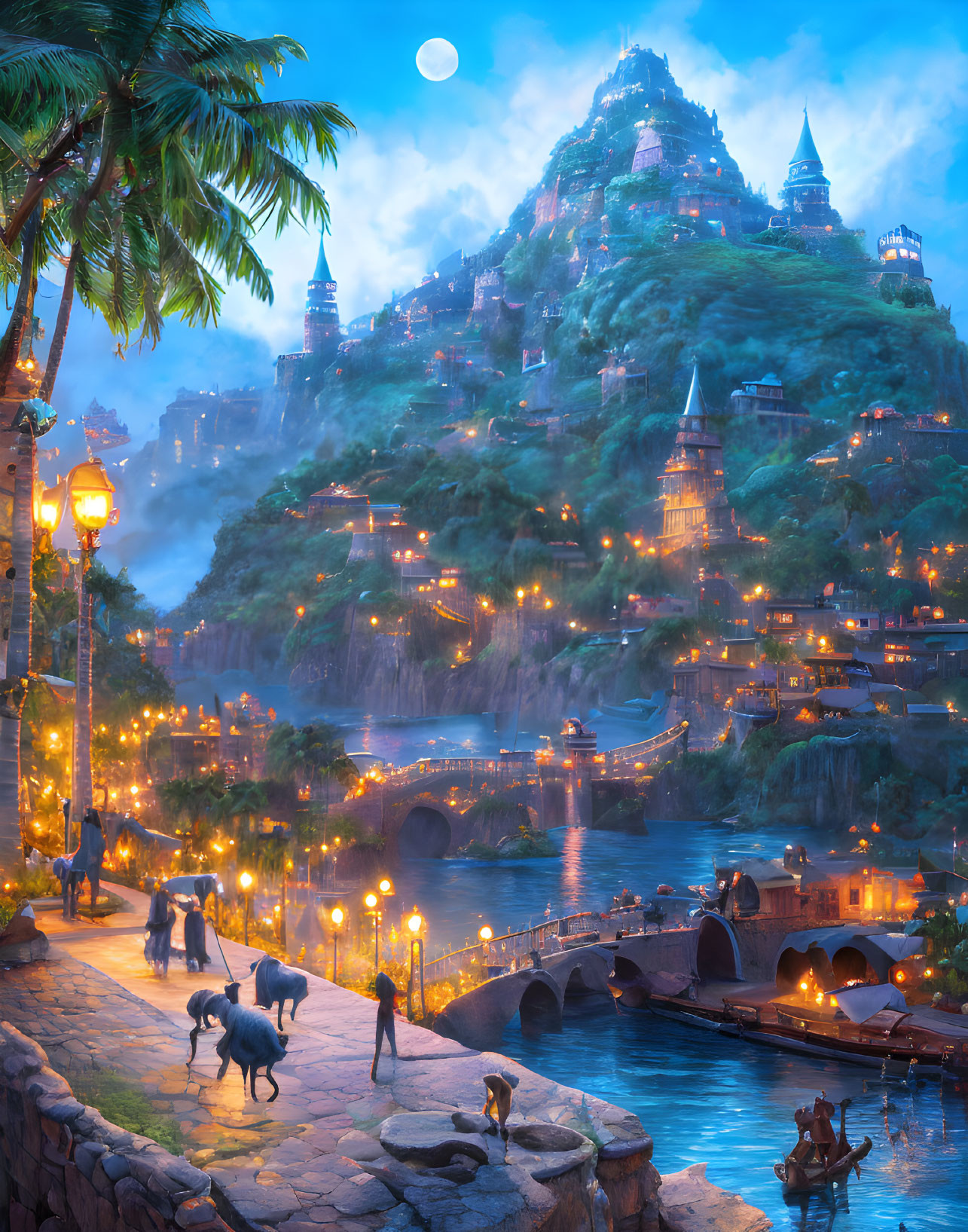 Fantasy cityscape at twilight with castle, bridges, figures, and boats