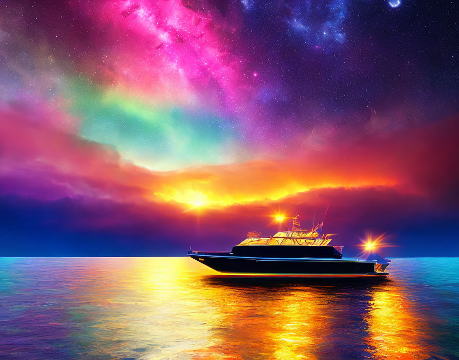 Boat on Calm Sea at Twilight with Colorful Aurora and Starry Sky