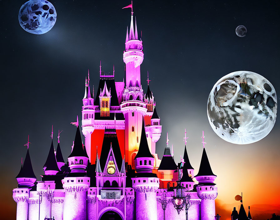 Colorful Fairytale Castle in Twilight Sky with Two Moons