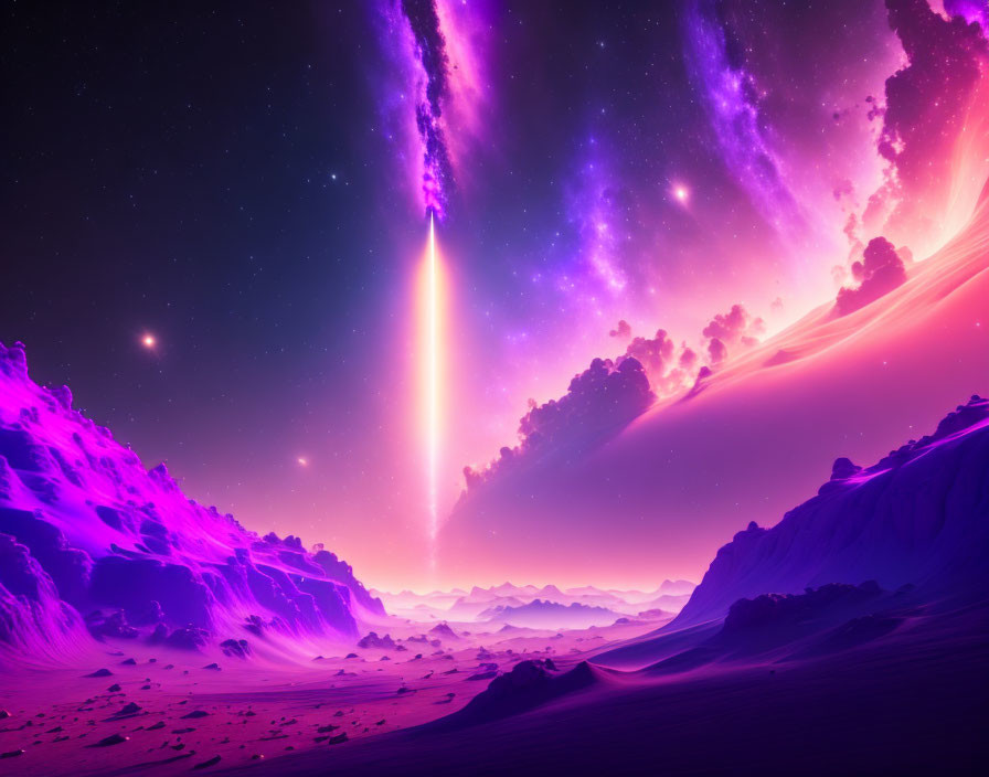 Vibrant purple and pink surreal landscape with cosmic beam and alien-like terrain