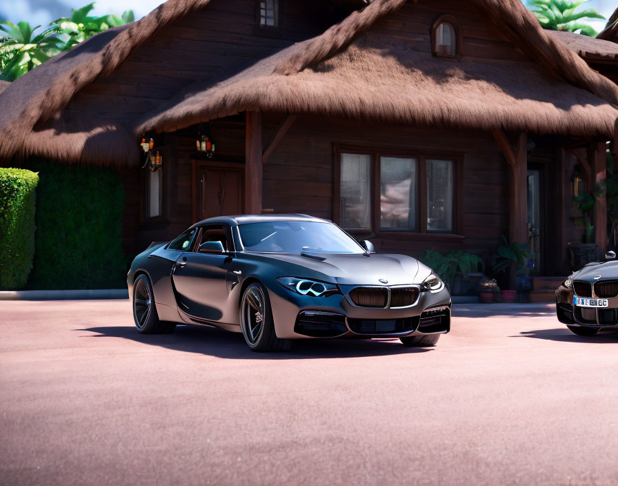 Black Coupe Parked in Front of Residence with Thatched Roof