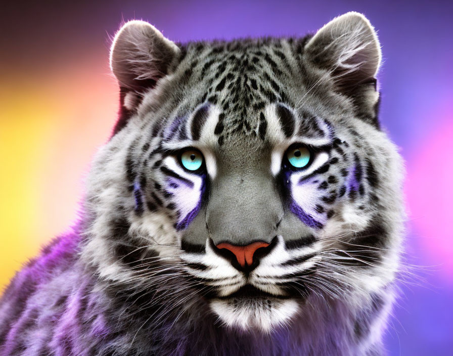 Digitally altered tiger with blue eyes and purple stripes on purple and gold background