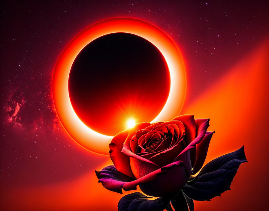 Red Rose and Solar Eclipse in Radiant Halo Effect on Purple Sky