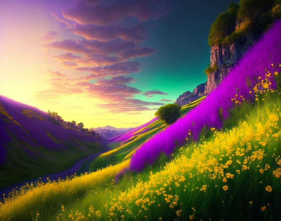 Colorful landscape with purple and yellow flowers under a pink and blue sunset sky