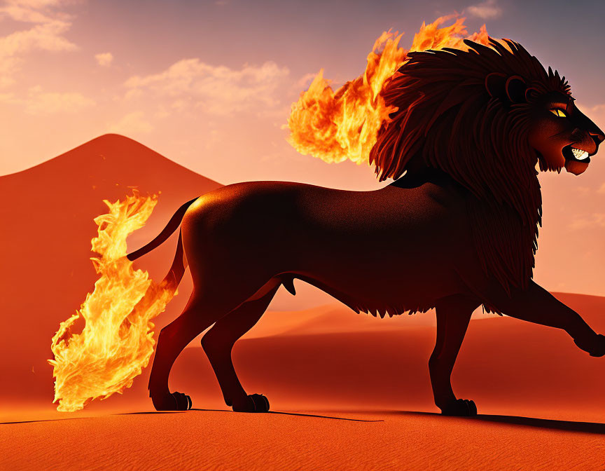 Animated lion with flaming mane and tail in desert landscape