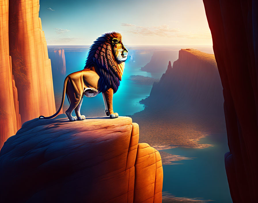 Majestic lion with vibrant mane on cliff overlooking canyon river