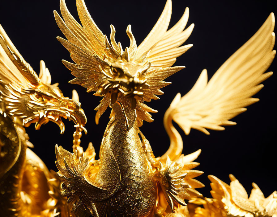 Intricate Golden Dragon Sculptures on Black Background