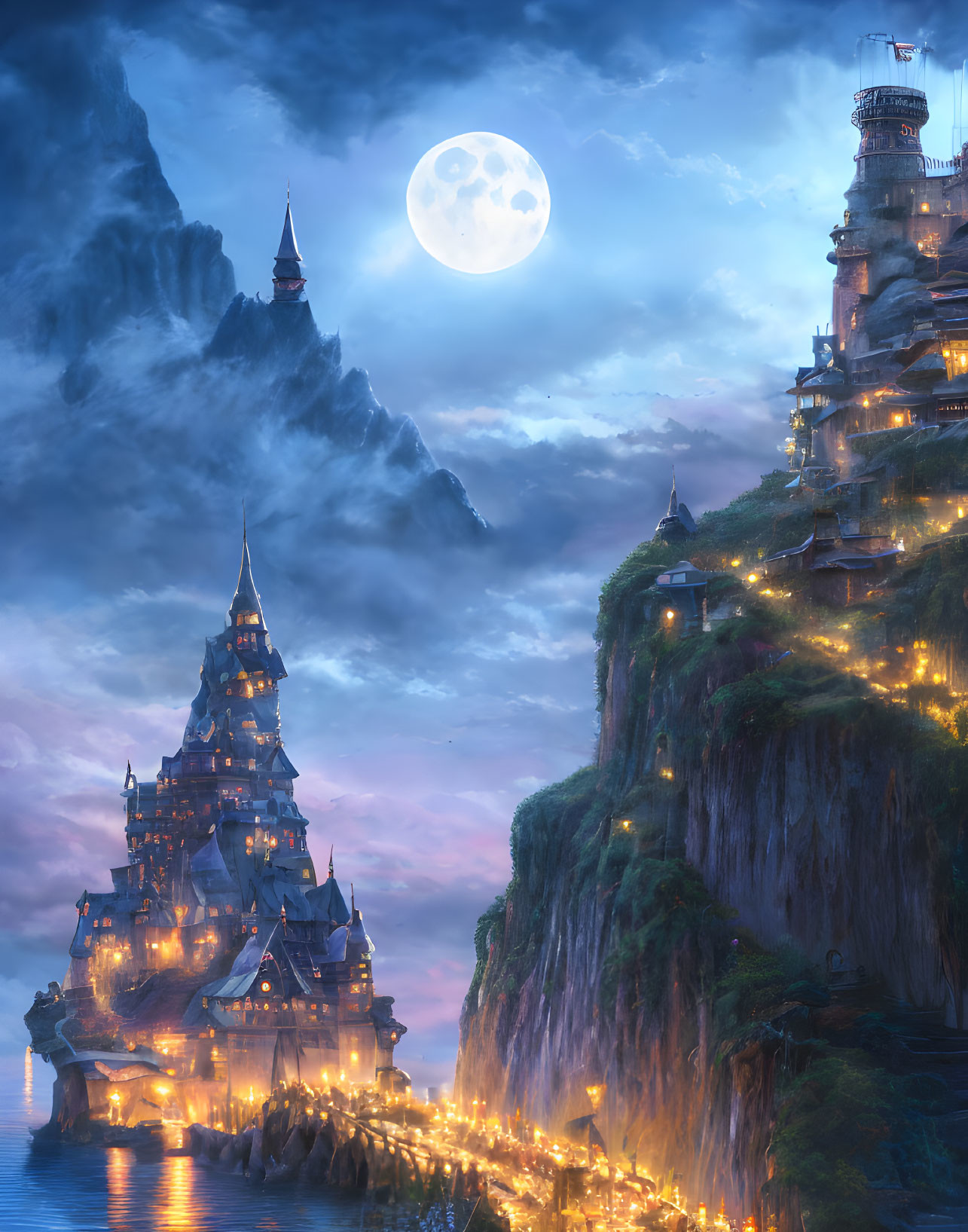 Cliffside city at dusk with golden lights, moon, mountains & starry sky