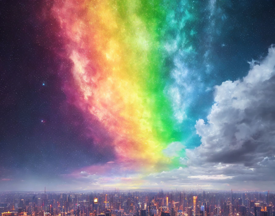 Vibrant rainbow sky over urban cityscape at night