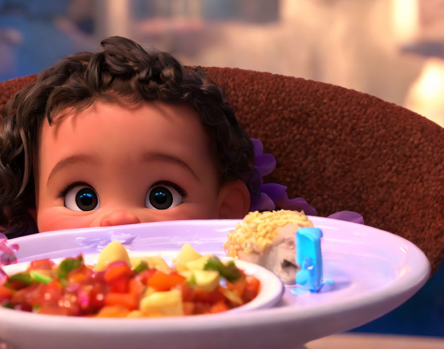 Curious animated baby peeking over colorful dinner plate