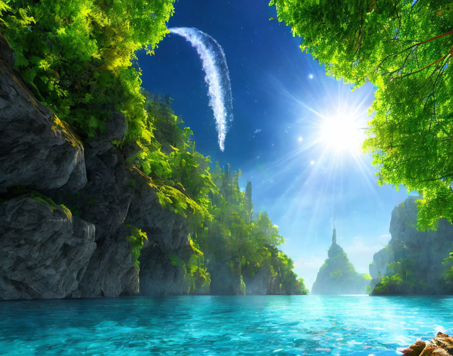 Tranquil lake with clear water, lush greenery, cliffs, waterfall, sunlight