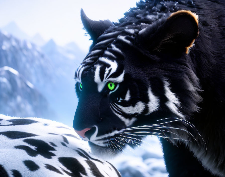 Black tiger with green eyes in snowy mountain scene