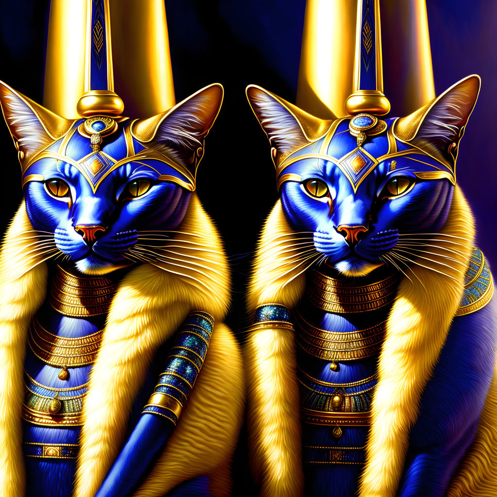 Stylized cats in Egyptian pharaoh attire with gold and blue accessories