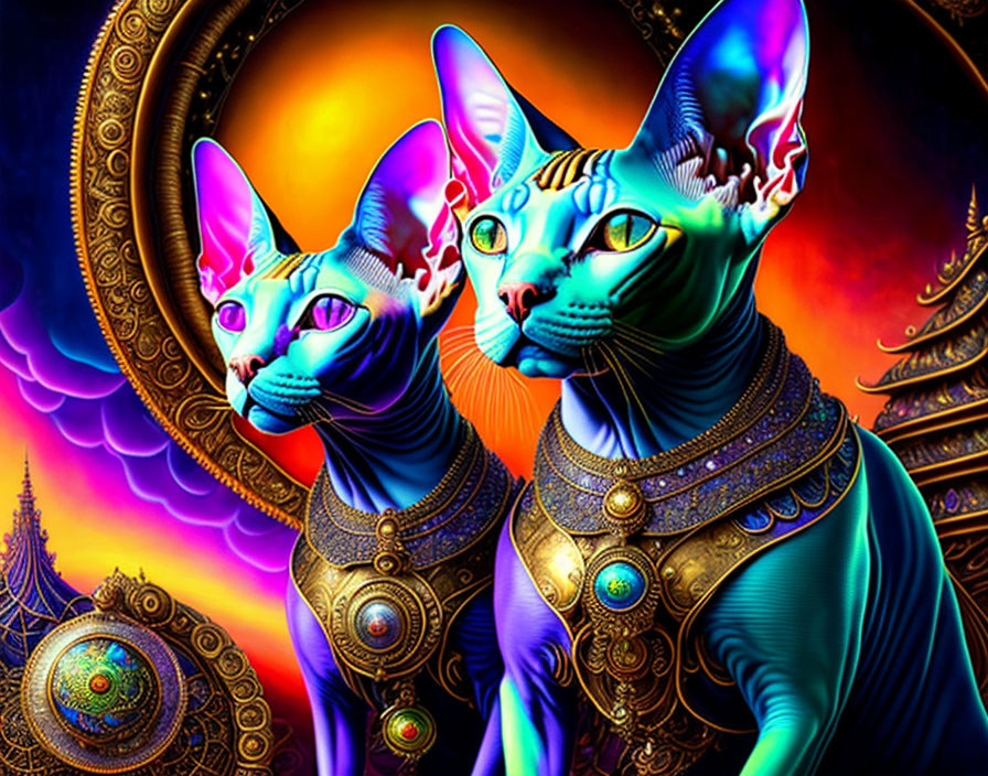 Colorful Stylized Sphynx Cats with Ornate Accessories on Mystical Background