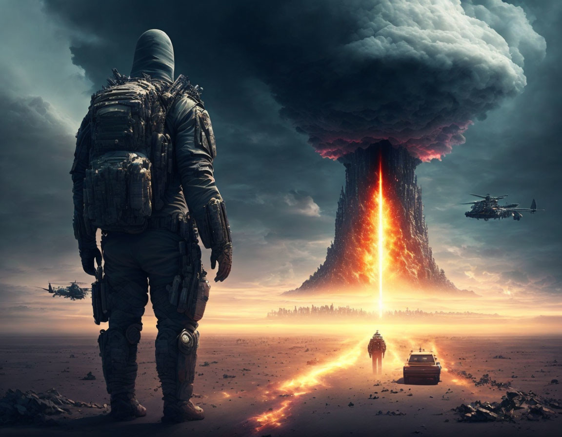 Person in Tactical Gear Observes Massive Explosion with Helicopters and Vehicle Approaching