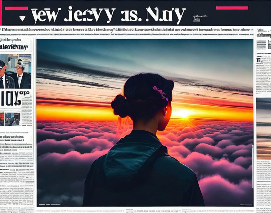 Silhouette of woman with braided hair against sunset clouds on newspaper background